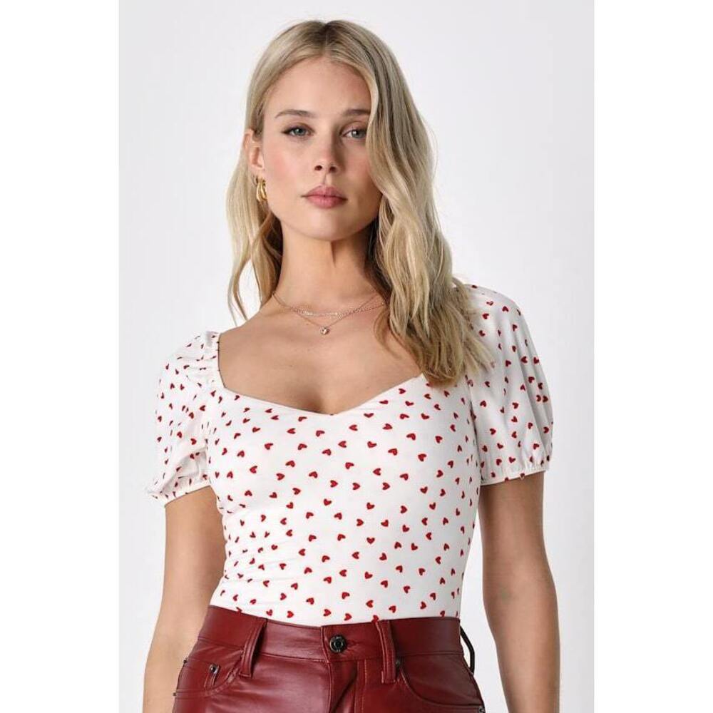 Lulus Forever Your Crush Ivory Heart Print Puff Sleeve Bodysuit White - Size M